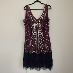 Vintage 1920s Flapper Style Beaded Fringe Dress Art Deco Sequin Cocktail Party